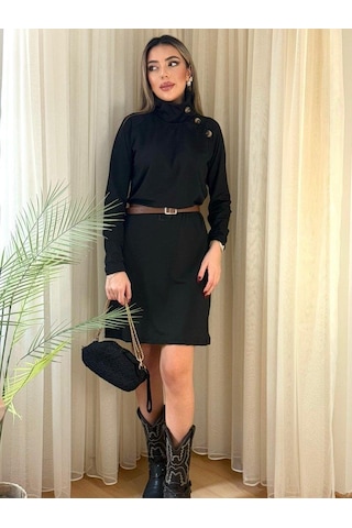 Kadın Uzun Kollu Balıkçı Yaka Düğme Detaylı Kısa Şardonlu Dalgıç Elbise Siyah