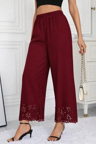 Efnaz Style Kadın Yüksel Bel Beli Lastıklı Çiçek Desenli Lazer Kesım Detaylı Ithal Krep Pantolon Bordo