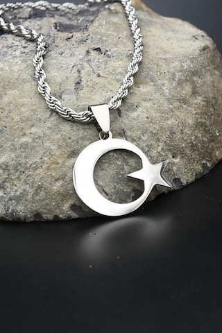 Ay Yıldızlı - Ay Yıldız Kolye Paslanmaz Çelik Zincir 902300 Gümüş