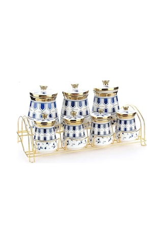 Porselen Baharat Takımı Metal Standlı Mavi Desenli Beyaz
