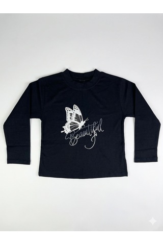 Kız Çocuk Lacivert Kelebek Baskılı Sweatshirt - Gümüş Simli Detaylı İnce Penye Sweat Lacivert