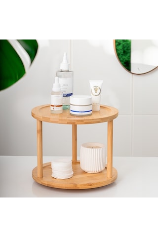 Porsima 76073 Bambu Döner Standlı Sunumluk Makyaj Organizeri Ahşap 2 Katlı Düzenleyici Baharatlık Standı