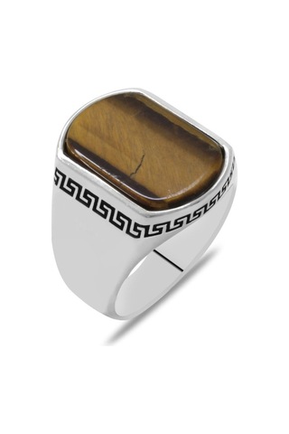 Flat Tasarım Kaplan Gözü Taşlı 925 Ayar Gümüş Erkek Yüzük (457819398)