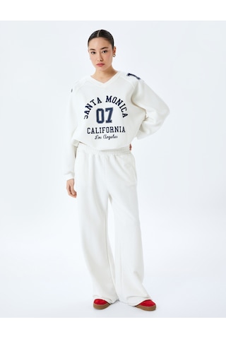 Koton Kolej Baskılı Uzun Kollu Oversize V Yaka Sweatshirt Ekru 5sal10417ık Ekru