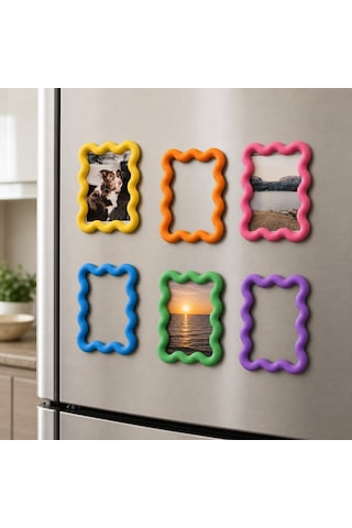 3d Baskı 6lı Asorti Renk Dalgalı Magnet Fotoğraf Çerçevesi Seti - Buzdolabı İçin Mini Manyetik Resim Çerçevesi