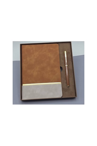 Kutulu Altın Şeritli Deri Defter Ve Kahverengi Metal Roller Kalem Set Evimdeyokyok