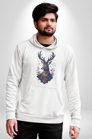 Geyik Kafası Yapraklar Kadın Erkek Beyaz Kapüşonlu Sweatshirt Hoodie Beyaz