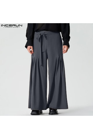 Incerun Erkek Yüksek Bel Bağcıklı Geniş Paça Pantolon Rahat Pileli Resmi Pantolon Gri