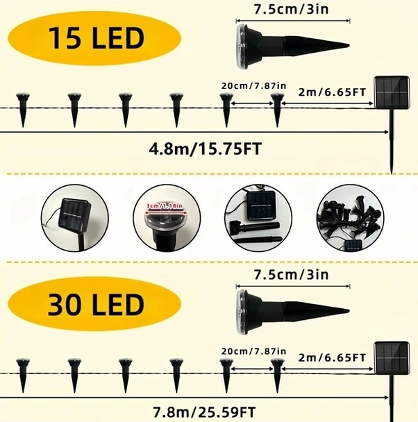 Trendooze 30 Adet Solar Bahçe Lambası 8 Mod Ip65 Sıcak Beyaz Led Aydınlatma Sıcak Beyaz