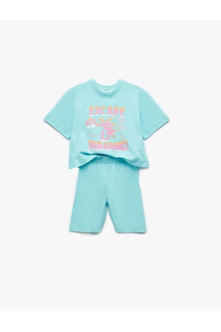 Koton Bisiklet Yaka Kısa Kollu Pamuklu Baskılı Tişört Ve Tayt Seti Turkuaz 5skg10148ak Turkuaz