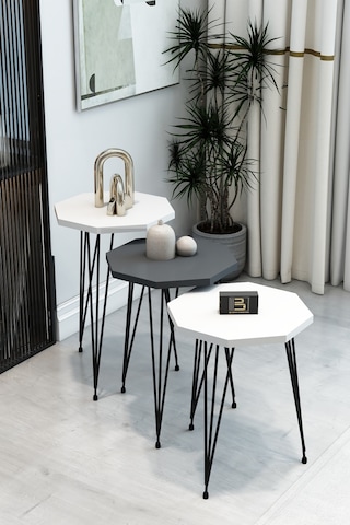 3'lü Sekizgen Zigon Sehpa Seti - Siyah Metal Ayaklı, Modern & Şık Yan Sehpa, Dayanıklı Salon Ofis Beyaz Antrasit