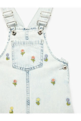 Koton Çiçek Nakış Detaylı Cepli Askılı Denim Jile Elbise Lıght Indıgo 6smg80007ad Açık Mavi