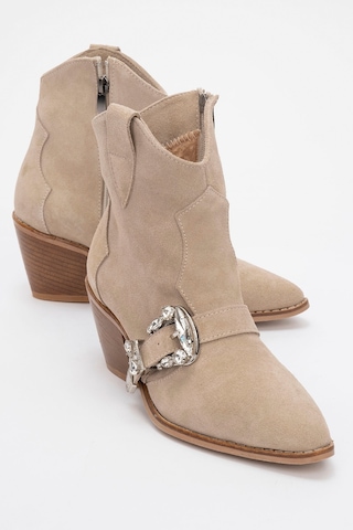 Luvishoes Luvi Shoes Any Bej Taşlı Hakiki Deri Süet Kadın Topuklu Bot Bej Süet