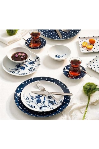 Porland Blossom 30 Parça 6 Kişilik Kahvaltı Takımı Beyaz - Lacivert