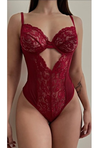 Suısy Velvet Flame Bordo Dantelli Pencereli Bodysuit