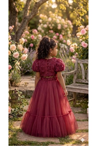 Star Kids Fashion Kız Çoçuk Bordo Gül Detaylı Crop Elbise,kız Çoçuk Parti Elbise