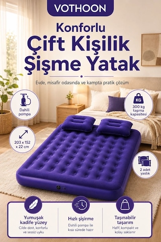 Çift Kişilik Şişme Yatak Dahili Pompalı 203x152x22 Cm 2 Yastıklı Açık Gri