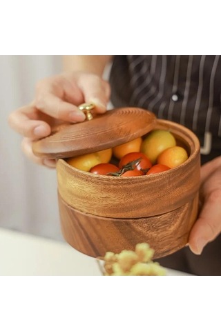 Pazly Ahşap Kapaklı 2 Katlı Kurutulmuş Meyve Tepsisi, Ev Şeker Akasya Saklama Kutusu, Kahverengi Çok Katlı İstiflenebilir Ceviz Tepsisi Kahverengi