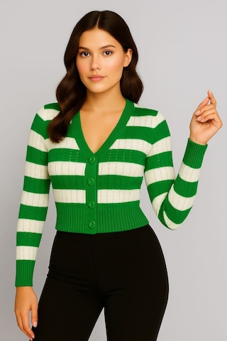 Hira Life Fashion Kadın Önü Düğmeli Ve Çift Renkli Çizgili Triko Hırka Yeşil Yeşil