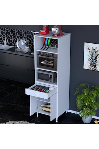 Modilayn Ennet 60x194.6x48 Cm Fırın / Mikrodalga Dolabı 1 Çekmece, 2 Kapaklı. Mutfağınıza Yer Açın Beyaz