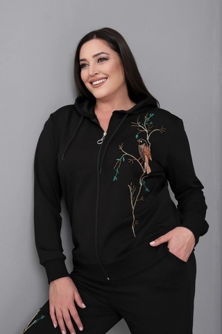 Kapüşonlu Fermuarlı Boncuk Nakışlı Takım Siyah