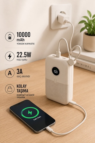 10000mah Powerbank 22.5w Hızlı Şarjlı Taşınabilir Şarj Cihazı Dahili Kablolu Krem