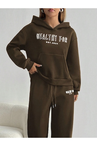 Macklin Unisex Kadın Erkek Healty For Baskılı Oversize 3 İplik Kapüşonlu Sweatshirt Ve Baggy Eşofman Altı Kahverengi