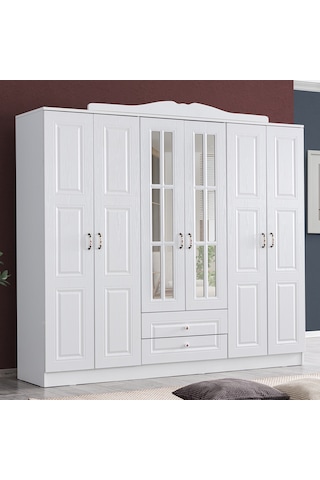 Country West 6 Kapaklı Çekmeceli Aynalı Mdf Dolap - Beyaz