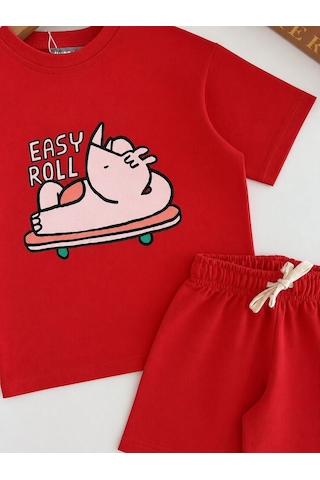 Magu Erkek Çocuk Pamuklu Gergedan Baskılı Kırmızı T-shirt Şort Takım