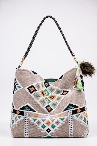 Fabric Craft Bag Omuz Çantası Jakar Dokuma Etnik Desen Gri Yeşil Gri - Yeşil