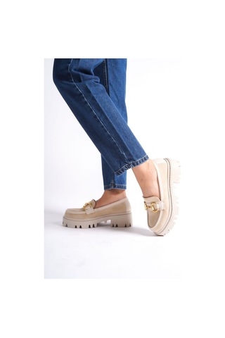 Mubiano Mb1170-bj Kalın Taban Lüx Süet Tokalı Bej Kadın Kolej Loafer Bej