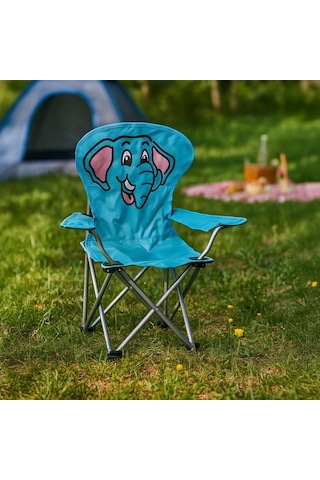 Kpm Katlanır Fil Desenli Çocuk Kamp Sandalyesi - Mavi Mavi