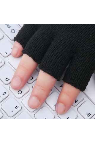 Erkekler İçin Sonbahar Ve Kışa Uygun Saf Siyah Yünlü 2 Çift Yeni Yarım Parmak Sıcak Eldiven Kadınlar İçin Parmaksız Yarım Kesim İş Eldivenleri