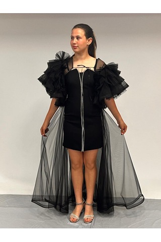 Kız Çocuk Abiye Siyah Krep Kumaş Askılı Taş Şerit İşlemeli Kolları Farbalı Çıkabilen Pelerin Detaylı İllüzyon Yaka Abiye Elbise 10-15 Yaş Siyah