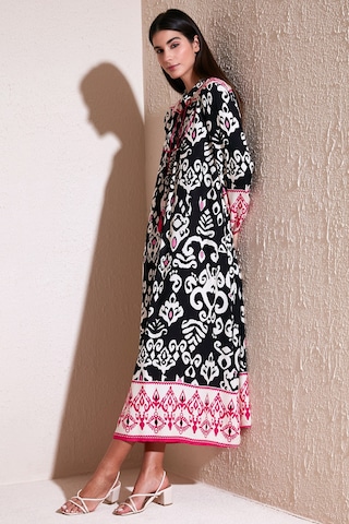 Lela Modest Desenli Regular Fit Bağlamalı V Yaka Maxi Bayan Elbise 611El510 Siyah