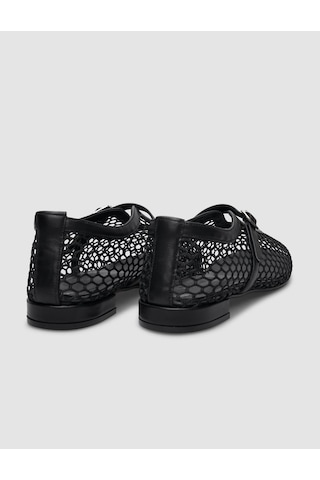 %100 Hakiki Deri Siyah Fileli Toka Detaylı Kadın Babet Siyah