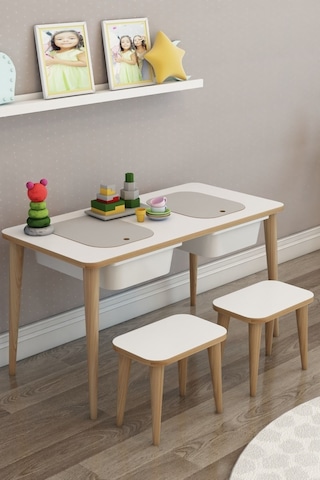 Moniev Çocuk Çalışma Masası Oyun Ve Etkinlik Masası Tabureli Beyaz Beyaz