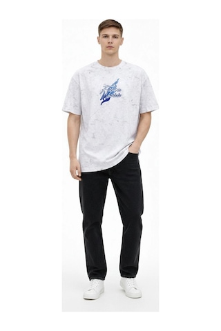 Erkek Asit Yıkamalı Oversize Tişört Future Worlds Baskılı Bisiklet Yaka Kısa Kollu Streetwear %100 Pamuk Street Style T-shirt - Beyaz Siyah