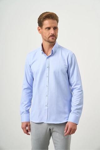 Morven Slim Fit Düğmeli Yaka Oxford Kolay Ütülenebilir Pamuklu Uzun Kollu Gömlek Kutulu Açık Mavi