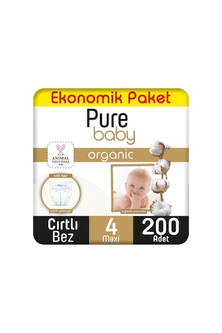 Pure Baby Organik Pamuklu Cırtlı Bez Ekonomik Paket 4 Numara Maxi 200 Adet