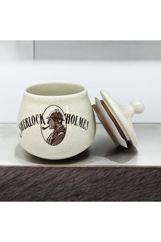 Sherlock Holmes El Yapımı Seramik Pipo Tutun Kavanozu Bej Small