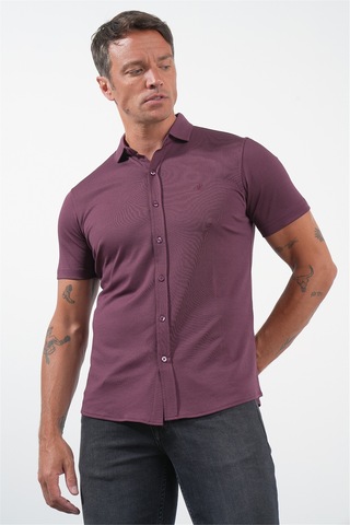 İmza Bordo İtalyan Yaka Kısa Kol Cepsiz Slim Fit Pamuklu Gömlek 1004260158