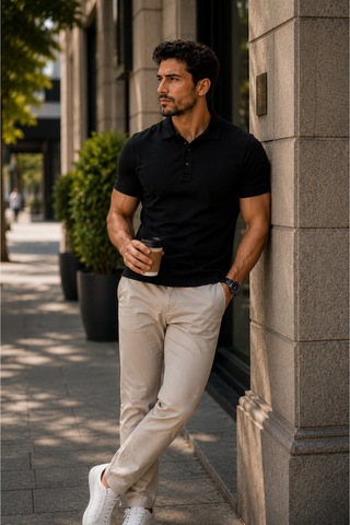 Luxıc Core Erkek Polo Yaka Siyah Tişört Likralı Pike Kumaş Terletmez Slim Fit Günlük Şık Tasarım