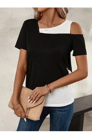 Ahes Shopping Kadın Kısa Kollu Geometrik Kesin Detaylı Çift Renkli Viskon Bluz Siyah