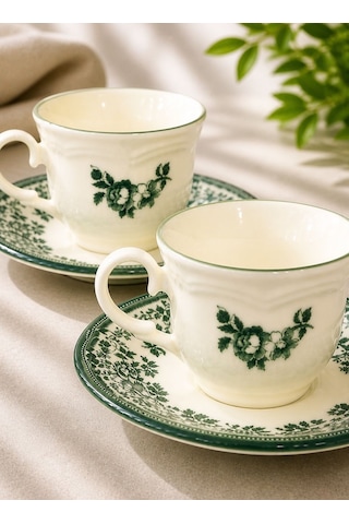 2 Kişilik Porselen Velour Green Çay Fincanı-5925 Yeşil