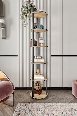 6 Katlı Dekoratif Yuvarlak Kitaplık Meşe Meşe