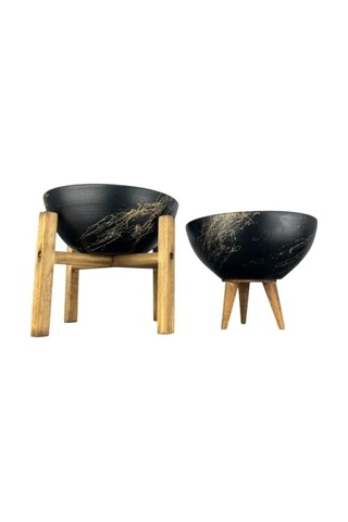 Siyah Gold Mermer Efektli 3-4 Ayaklı Toprak Saksı İkili Set - 20 Cm Çap