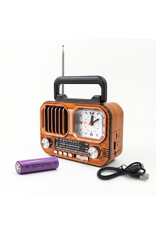 Nns Ns-7116bt Nostaljik Ahşap Görünümlü Bluetooth Radyo Saatli 1200mah Şarjlı Kamp Ve Ev Tipi Müzik Çalar Kahve