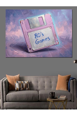Pembe Disket 80's Games Tablosu Dekoratif Kanvas - Mdf Ahşap Tablo