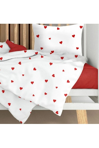 Lüks Ranforce Kumaşından Kırmızı Kalpli Bebek Nevresim Takımı 100x150 Beyaz - Kırmızı